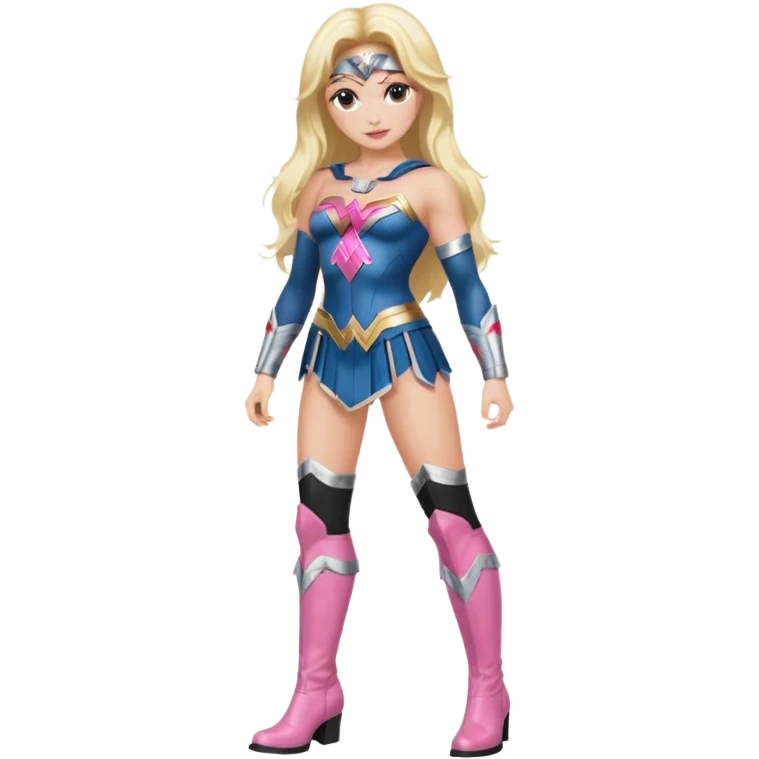 Wonderwoman, long blond hair with pink highlights, black-pink leather outfit, white knee high boots emoji