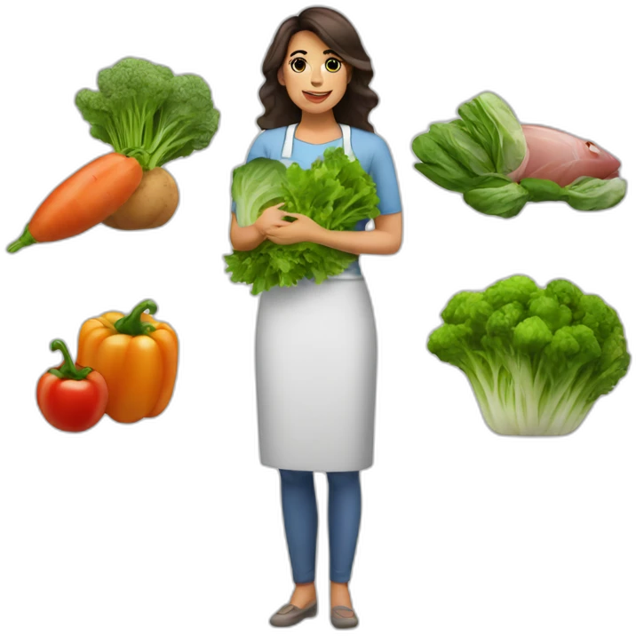 woman latina nutriologist with some vegetables an meat an fish emoji