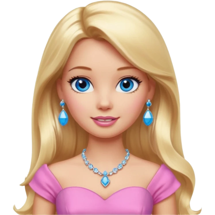 barbie, long blonde hair, pink dress, with blue eyes,different dress,ear rings, jewelry, different face expressions. emoji