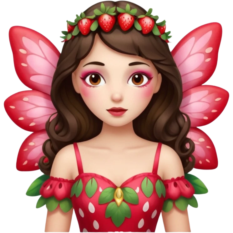 sleeping beauty brunette white girl with a silk pillow strawberry dress with her face painted fairy strawberry emoji