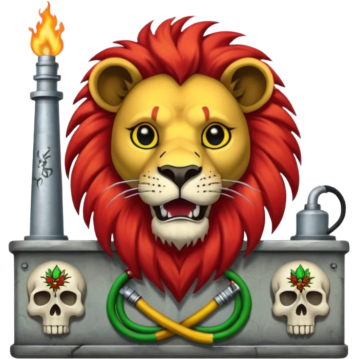 Create a power station with a rasta cap on with red gold green grafite of a lion and skulls with Fred the fossibot grafted on it emoji