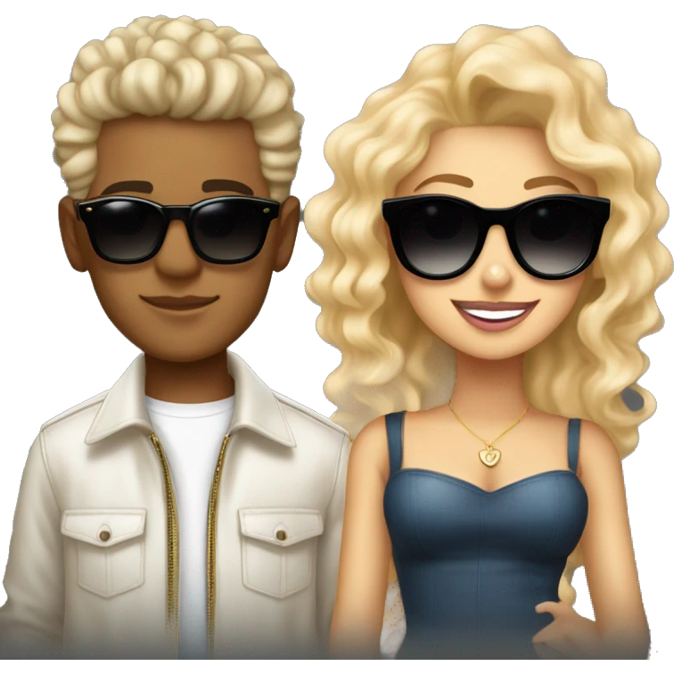 Blonde idol (Rosé) with wavy hair, confident expression, wearing stylish sunglasses. Alongside, male artist (Bruno Mars) with curly hair, sharp features, and sunglasses. emoji