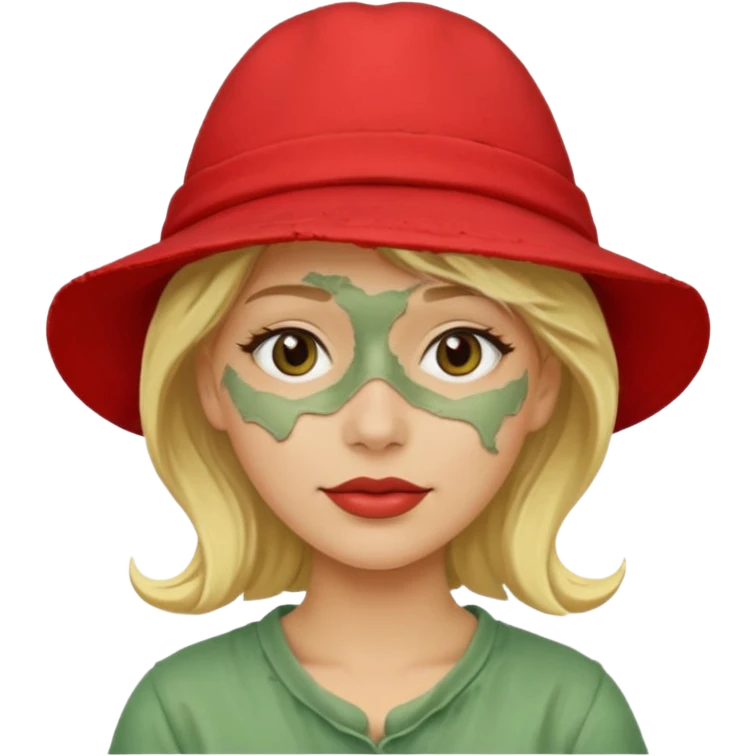messy green clay mask and red tourist hat blond woman emoji