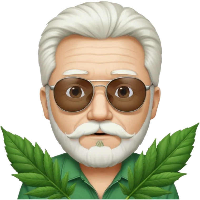 An old skinny guy in his 50's with white hair and stumbly small white beard, he wears a pair of sunglassed and holds a Big marihuana leaf  emoji