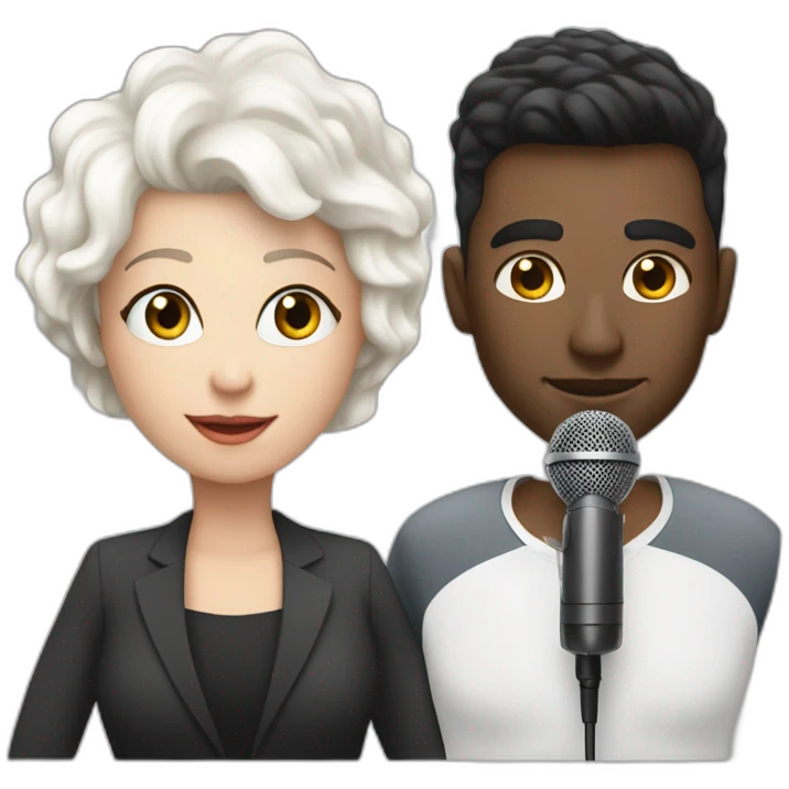 White man with dark hair next to a white woman with very short white hair, podcasting with mics and a MacBook emoji