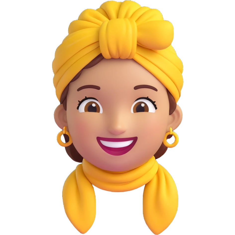 Create a 3D cartoon style emoji closely matching the reference photo. Capture her facial features, bright smile, yellow headwrap, earrings, and pose. The expression should be warm and welcoming. Keep the background transparent. emoji