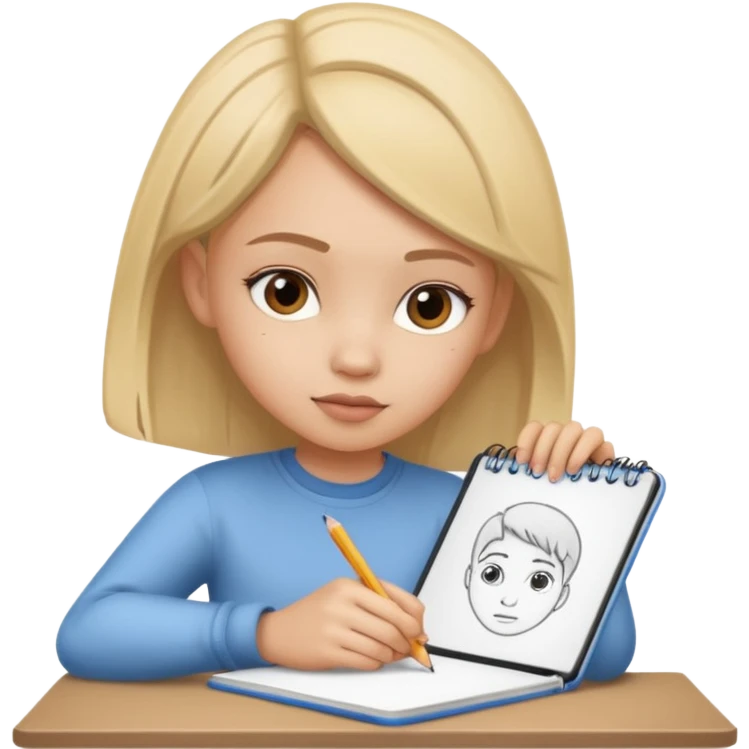 Girl drawing boy character on notebook emoji