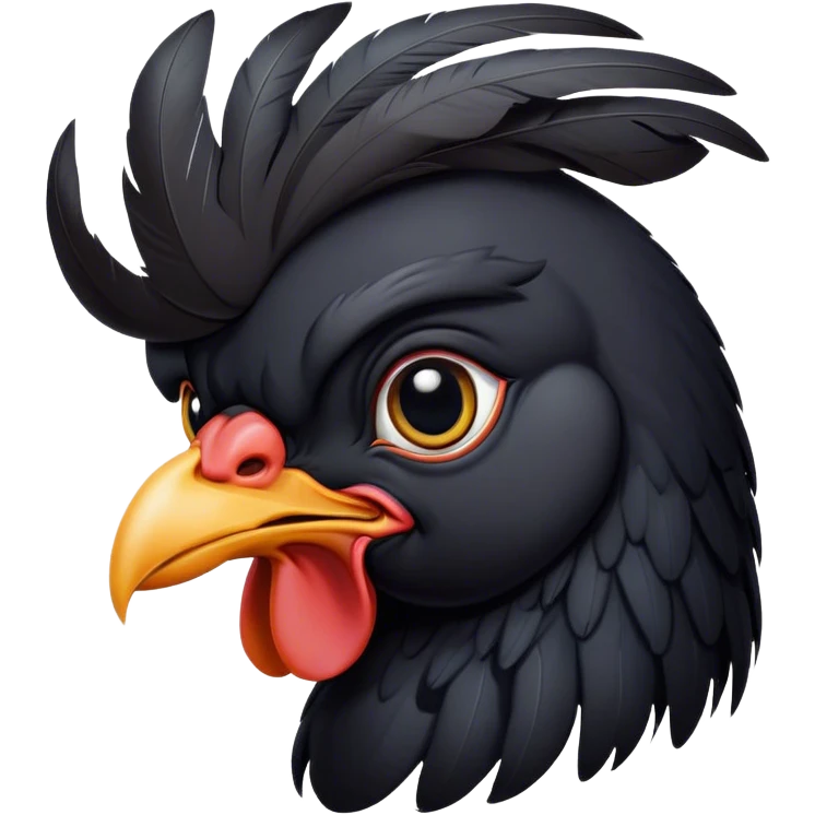 Cinematic Noble Black Chicken Portrait Emoji, Poised and regal, with a compact, sturdy build and a glossy, well-groomed pure black plumage, deep-set soulful beady eyes, Simplified yet sharp and sophisticated features, highly detailed, glowing with a soft, dignified glow, high shine, intelligent and alert, stylized with an air of mysterious elegance, focused and attentive, soft glowing outline, capturing the essence of a watchful and confident fowl, so majestic it feels as though it could strut out of the screen with effortless authority! emoji
