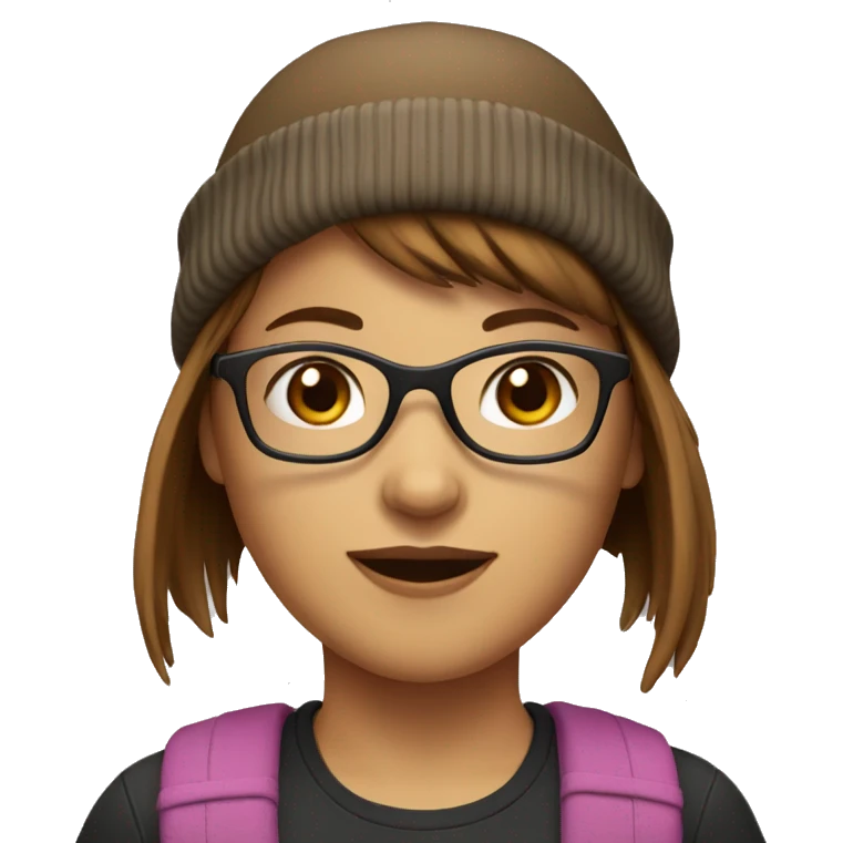 Girl with brown short hair and bangs with glasses and wearing a beanie  emoji
