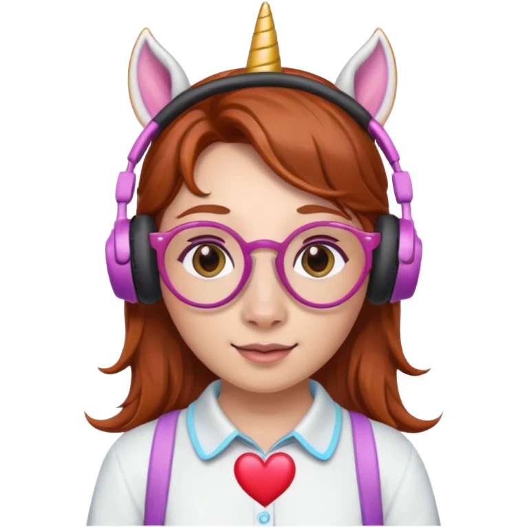 headphone wearing unicorn with dark ginger hair and heart shaped spectacles emoji