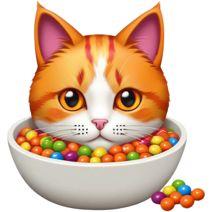 Iron Man cat and cat with skittles all over him in a fabric bowl emoji