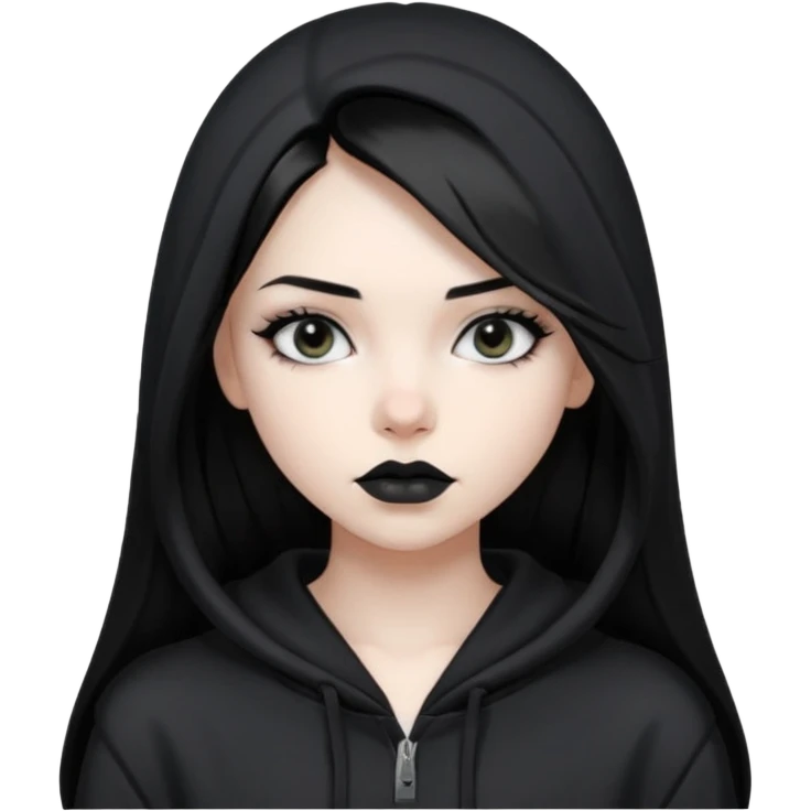 Black haired girl, silver eyes, black lipstick, white skin, black hoodie, sharp face, long hair, hoodie off emoji