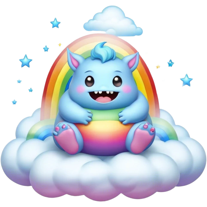 3D, Kawaii derpy fat rainbow monster sitting on a magic rainbow hued cloud, rich textures, visually detailed, so lifelike that it feels like it could leap off the page at any moment emoji