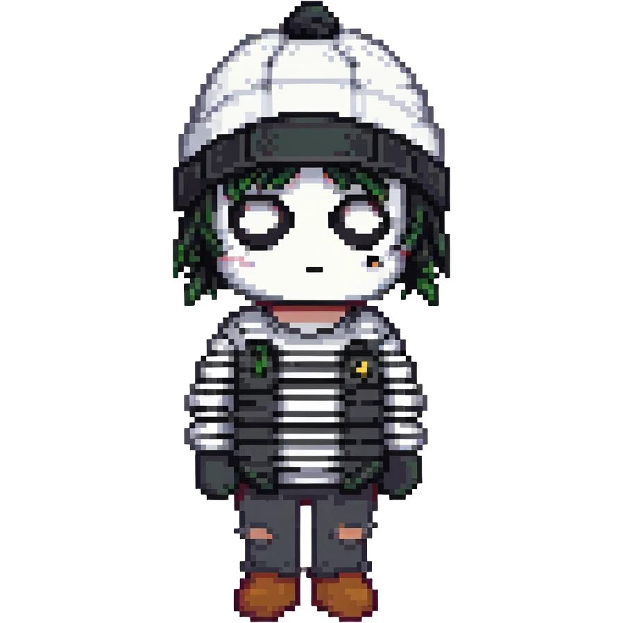 character with black and white striped shirt, black beanie, black mask over eyes emoji