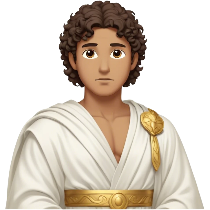 Cinematic Realistic Hercules Portrait, depicted as a classical Greek hero inspired by the Disney version yet echoing the refined proportions and serene dignity of Michelangelo's David. His idealized, tan skin glows with timeless strength, and his thick, curly wavy dark brownhair falls in natural, sculpted curls. Draped in a flowing white robe with delicate golden accents, his expressive eyes radiate determined nobility, all rendered under dynamic natural lighting with a mythic, radiant glow. emoji