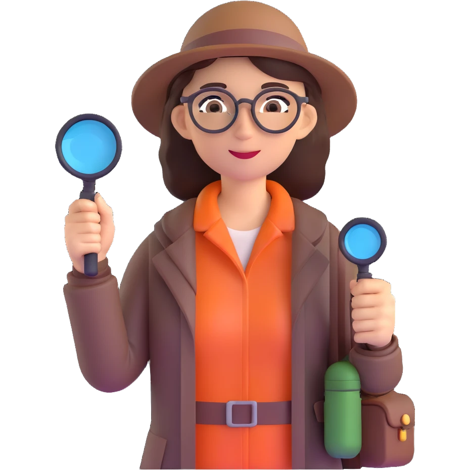 Curious professional woman explorer with glasses, modern outdoor equipment, single magnifying glass, stylized 3d look emoji
