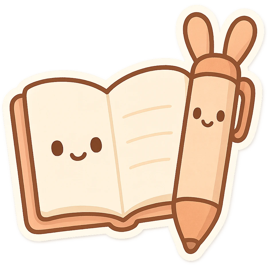 cute open notebook and pen with ears, chibi stickers style, cartoonish emoji