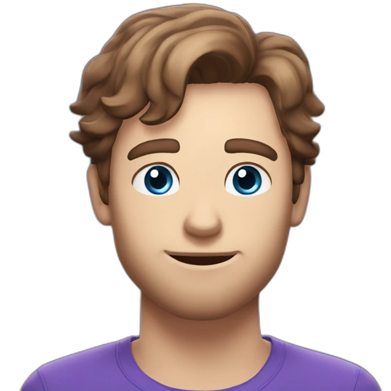 Twitch emote, white male blue eyes brown hair, speach bubble saying hi, purple shirt emoji