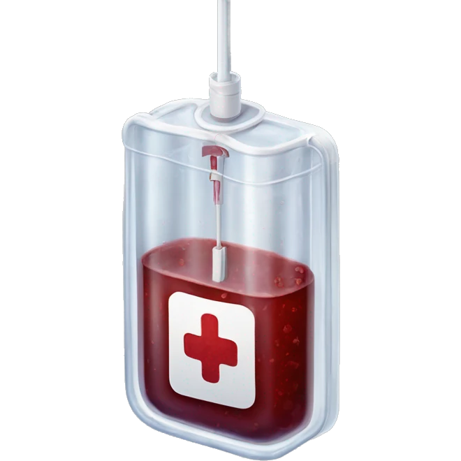 Rectangular transparent plastic iv bag filled with 500ml of blood hanging on an iv pole in an intensive care unit  emoji
