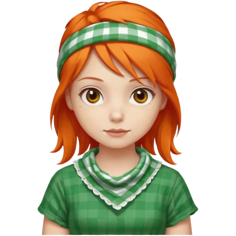 girl orange hair, wear red and white checkered bandana, green dress emoji