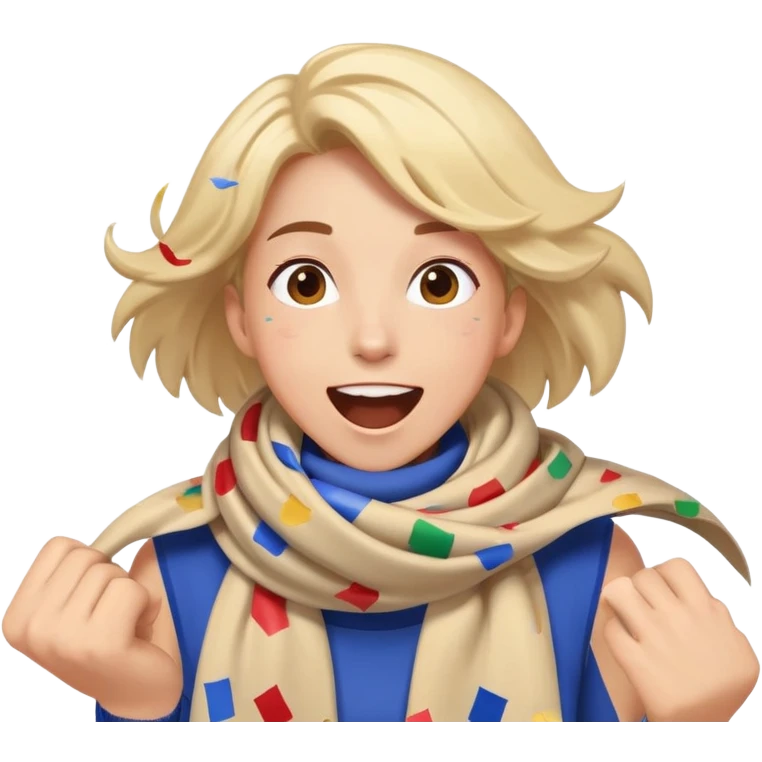 person with a sports scarf, excited expression, confetti in the air emoji