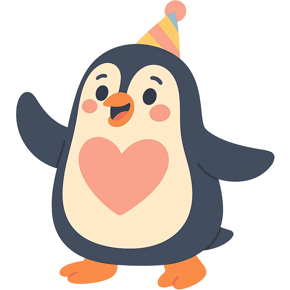large penguin wearing a party hat with a large heart on its chest in pastel-toon style emoji