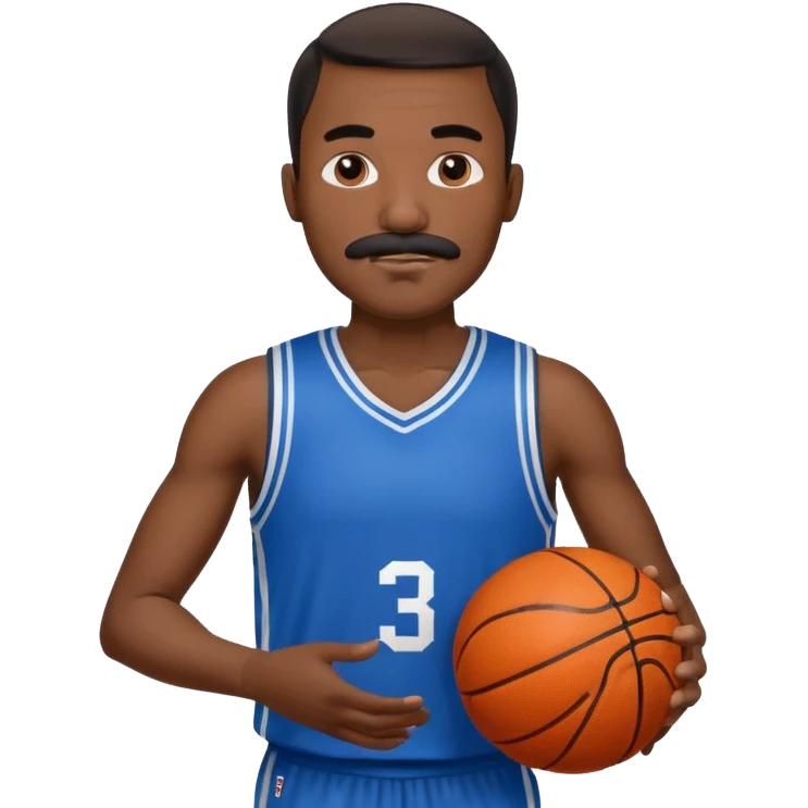 black bold man basketball player blue jersey with mustache holding basket ball emoji