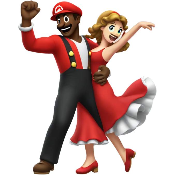 Black man wearing giant Mario costume dancing with brunette woman  emoji