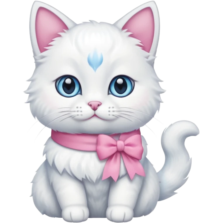 white cat sitting and she has a pink small bow on her right ear,she has blue eyes emoji