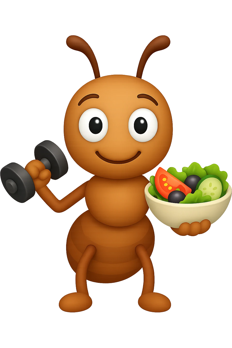 EMOJI STILE IPHONE 3D DI UNA formica CHE ha un manubrio da palestra nella mano destra e un insalata nella mano sinistra, FAGLI GLI OCCHI CON LA PARTE BIANCA, NON SOLO LA PUPILLA emoji