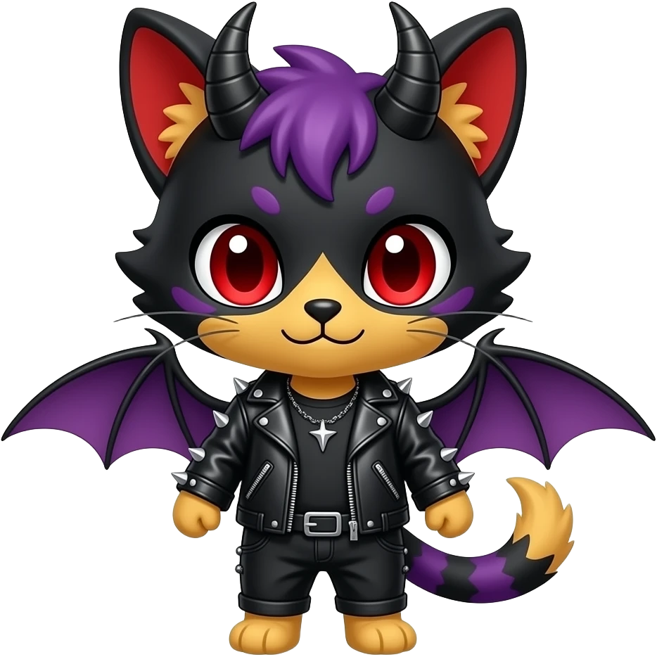 Anthropomorphic Cute Chibi Black red purple yellow Cool Edgy Punk-Gothic Horned Litten-Bat-cat-Fakemon full body emoji