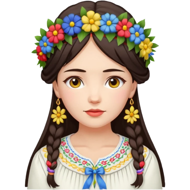 Ukrainian woman in a white embroidered shirt with dark hair in a wreath of flowers with multicoloured ribbons on her head emoji