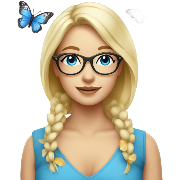Gorgeous blond lady blue eyes wearing glasses with flowers and butterflies emoji