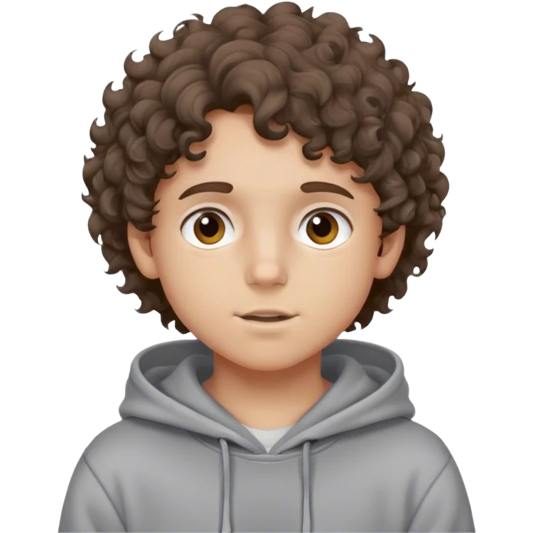 Pelo castaño rizado,niño sudadera gris emoji