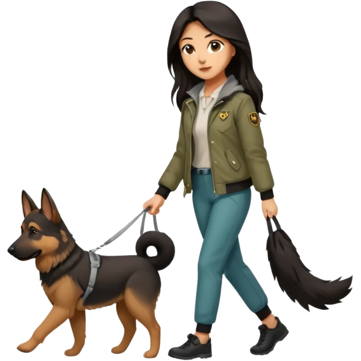 A girl with rather long brown-black hair is walking her German Shepherd. She's dressed very nicely in cute pants and a stylish jacket. emoji