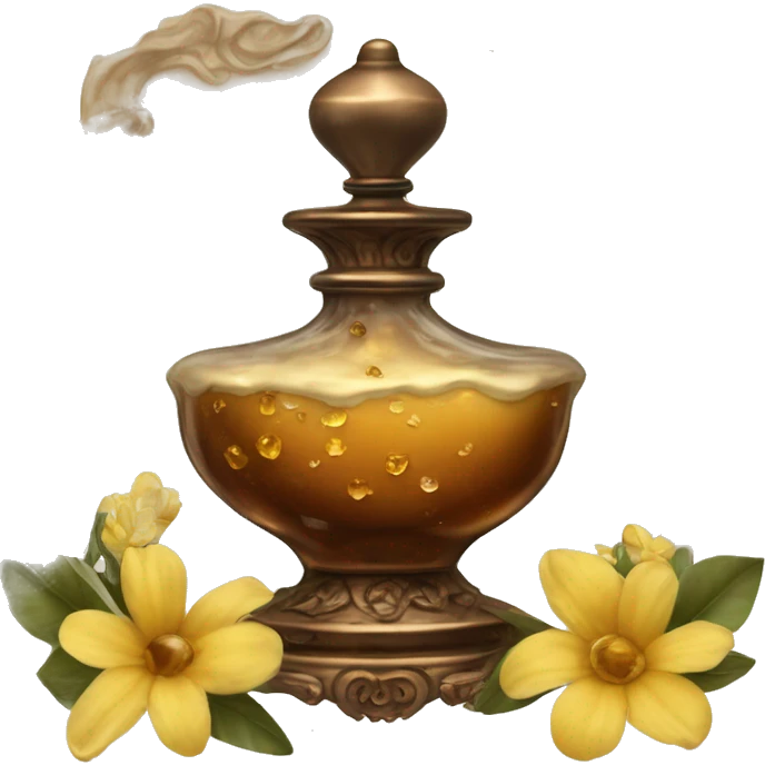 An antique perfume bottle with oil made of bronze and brown crystals, from which white cream and coffee milk flow, yellow flowers of fragrant vanilla lie next to it emoji