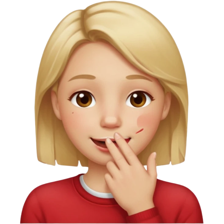 Hand over mouth with blushed cheeks more redness on cheek and smiling  more more redness  dirty blonde hair  emoji