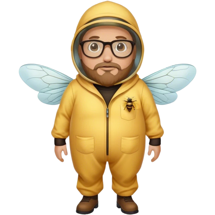 full body plus size bee keeper with light brown hair a goatee wearing glasses with a bee face emoji