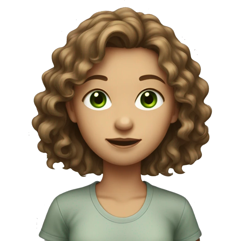 Brown wavy hair girl with green eyes in a T-shirt  emoji