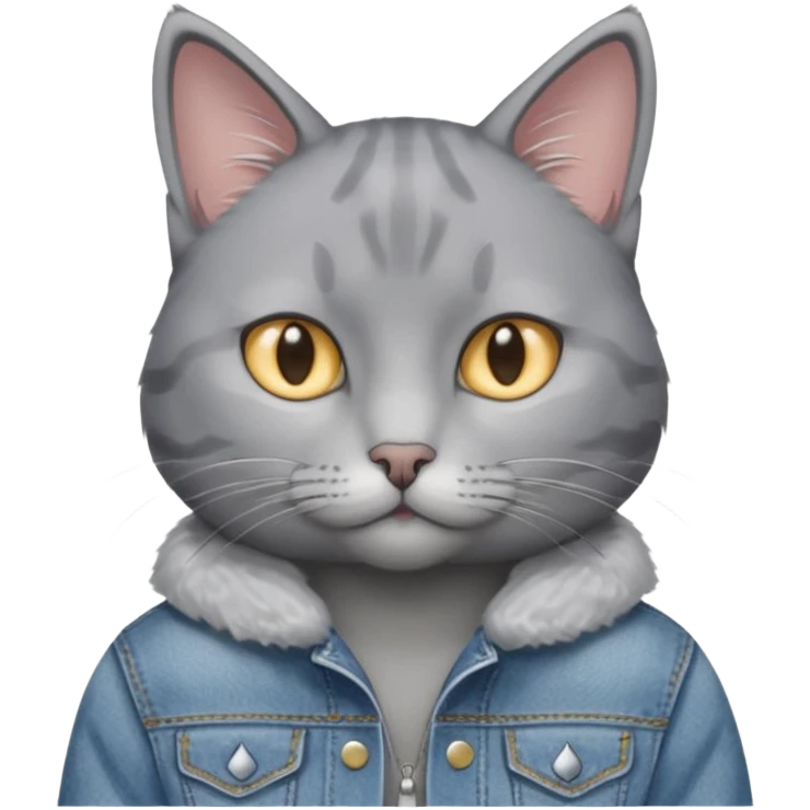 Gray cat with calm eyes, half body, jean jacket emoji
