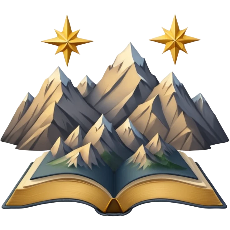 three mountain peaks of gray color, above each of the peaks there is a golden star, in front of the mountain peaks there is an open book emoji