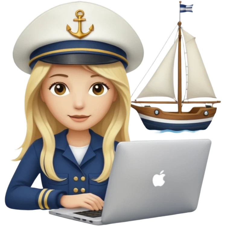 a blondie woman with long hair working with a computer laptop and a grains vessel (boat) around emoji