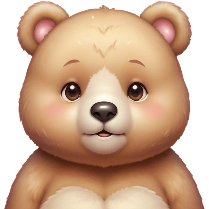 Cinematic cute soft bear, chubby round face, tiny ears, warm fuzzy fur, blushing cheeks, sparkling kind eyes, soft glowing background, heartwarming and huggable. emoji