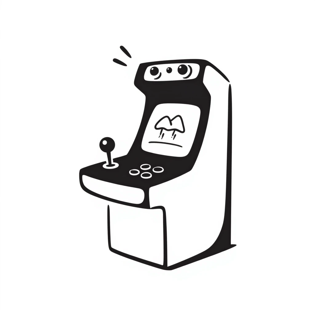 A hand-drawn arcade machine with sketchy joystick and game elements emoji