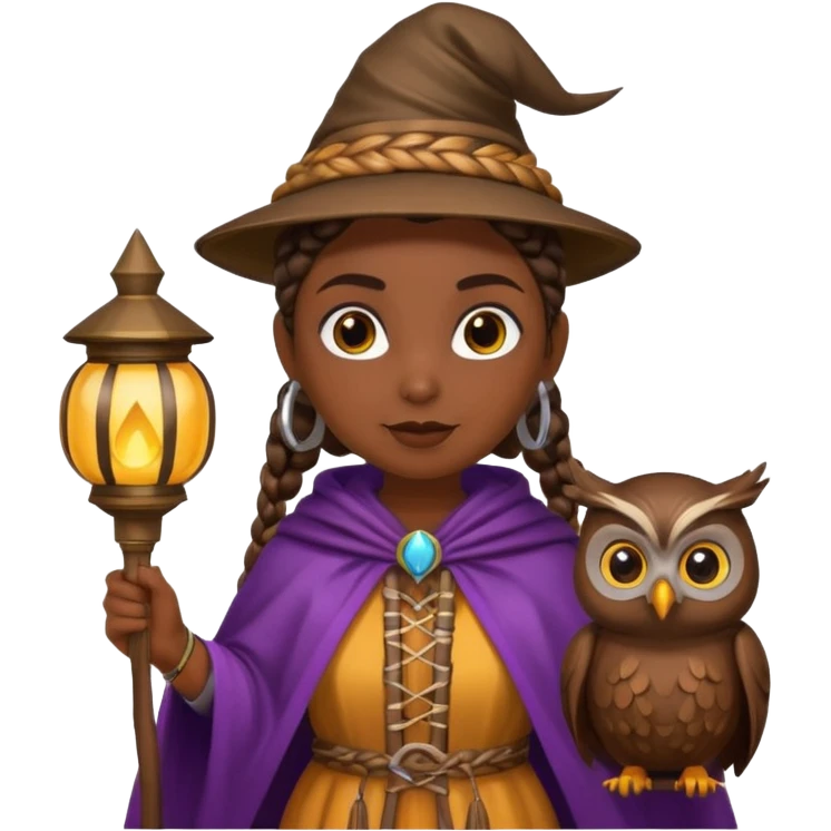 woodland emoji character, dark skin woman with braids dressed as owl mage, feather cape, holding lantern emoji