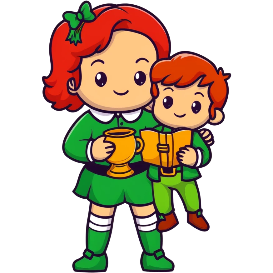 girl with red hair and brown eyes with a leprechaun emoji