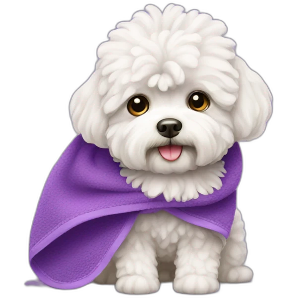 White maltipoo with purple towel emoji
