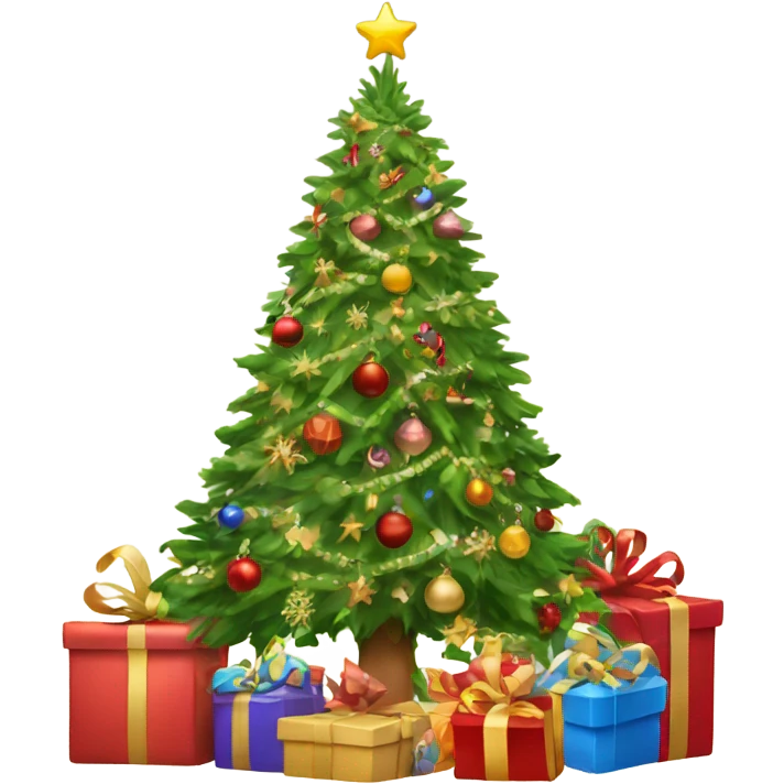 Beautifully decorated Christmas tree with Christmas presents around the base emoji