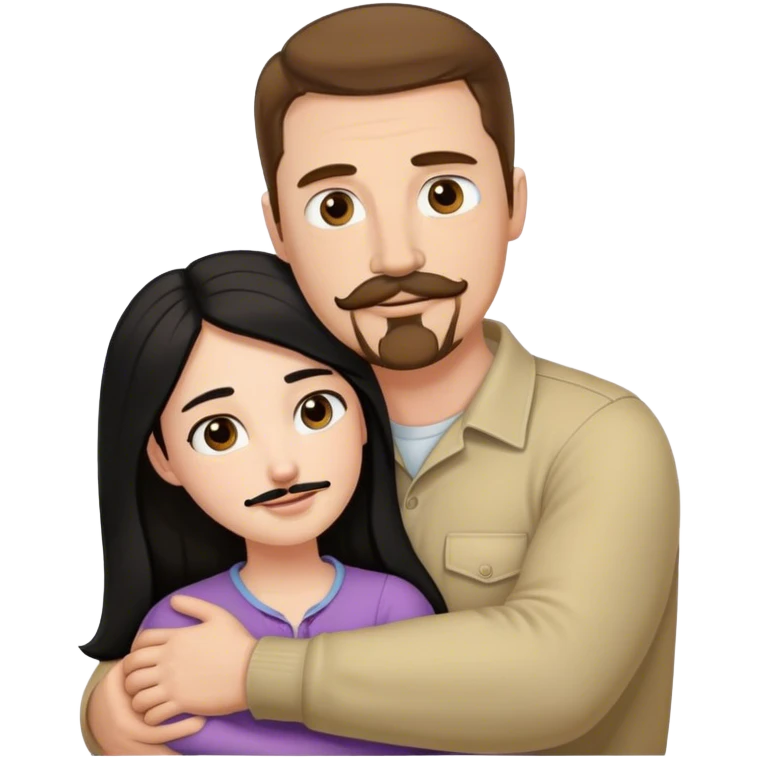 Couple, Tall strong white man with brown hair mustache and goatee, hugging small pale woman long with black hair emoji
