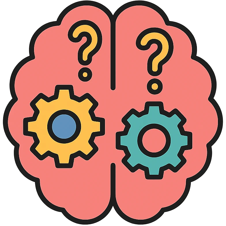 abstract concept of philosophy, a brain with gears and question marks in modern flat icon style emoji